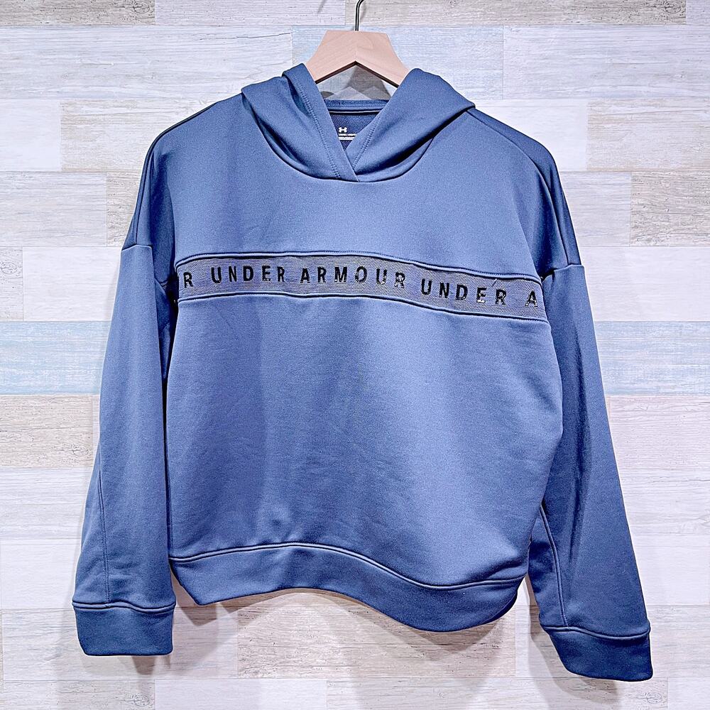 Under Armour Logo Stripe Tech Terry Hoodie Sweatshirt Blue Loose Womens Small